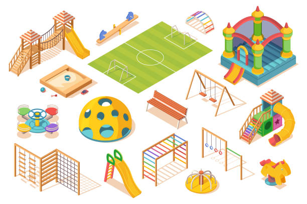 ilustraciones, imágenes clip art, dibujos animados e iconos de stock de conjunto de elementos aislados del patio de recreo, vista isométrica. los niños o los niños juegan equipo de tierra. deslizamiento y carrusel, campo de fútbol y columpio, arenero, escalera sueca, castillo y banco. elemento de juego y juego - recreo