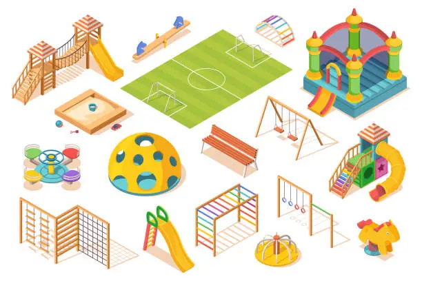 Vector illustration of Set of isolated playground elements, isometric view. Children or kids play ground equipment. Slide and carousel, soccer field and swing, sandpit, swedish ladder, castle and bench. Play and game item