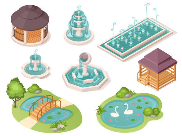 Park fountains, garden ponds and gazebo pavilions, vector isolated isometric constructor elements. Public park and city garden landscape architecture, bridge over ponds with swans and wooden pavilions Park fountains, garden ponds and gazebo pavilions, vector isolated isometric constructor elements. Public park and city garden landscape architecture, bridge over ponds with swans and wooden pavilions fountains stock illustrations
