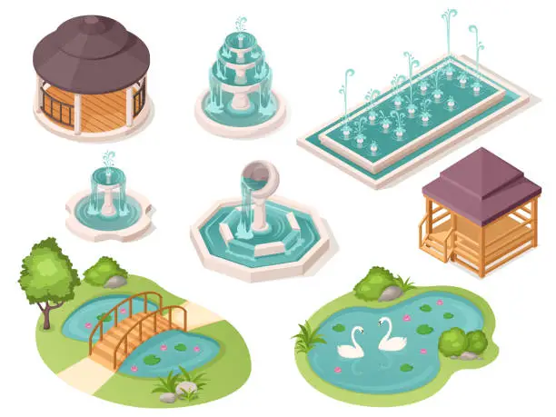 Vector illustration of Park fountains, garden ponds and gazebo pavilions, vector isolated isometric constructor elements. Public park and city garden landscape architecture, bridge over ponds with swans and wooden pavilions