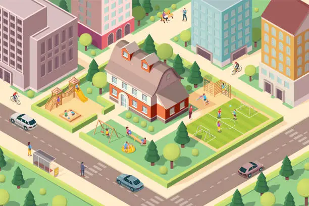Vector illustration of Scenery view on kindergarten with playground. Isometric school at city or town block. Schoolyard with swedish ladder and soccer field, slide and carousel, sandbox for children or kids. Architecture