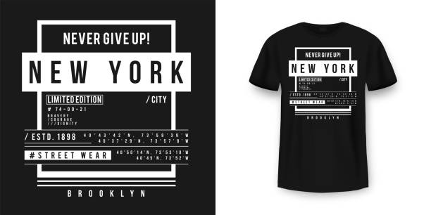 ilustrações de stock, clip art, desenhos animados e ícones de t-shirt graphic design in minimalistic style. new york city typography t shirt and apparel design. urban and authentic print on t-shirt mockup - brooklyn university new york city summer