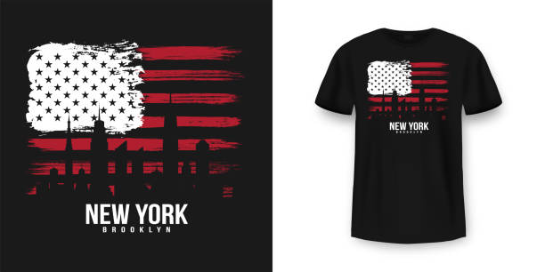 t-shirt grafik-design mit amerikanischen flagge und grunge textur. new york city typografie-t-shirt und bekleidungsdesign. vintage und authentischen druck auf t-shirt mockup - brooklyn university new york city summer stock-grafiken, -clipart, -cartoons und -symbole