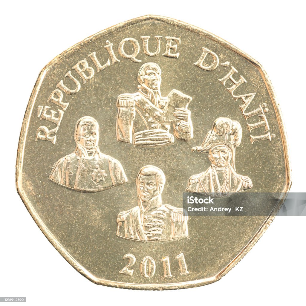 Haitian gourde coin Haitian five gourdes with the image of national heroes (Tonsaint Louverture, Henri Christophe, Jean Jacques Dessalines, Alexandre Petion) isolated on white background Henri Christophe Stock Photo