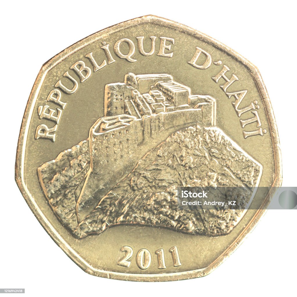 Haitian one gourde coin Haitian one gourde with image of Laferrier fortress (Henri Christophe) isolated on white background Haiti Stock Photo