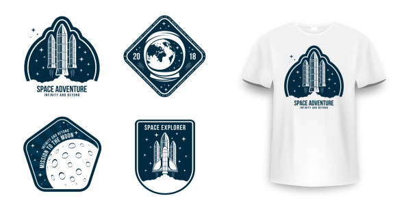 ilustrações de stock, clip art, desenhos animados e ícones de space badge with spaceship, rocket launch and astronaut helmet. vintage astronaut label, patch or embroidery for t-shirt print. t-shirt graphic in space concept - rocket earth planetary moon sky