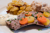 Viennese Boiled Beef Tafelspitz with Chives Sauce, Viennese Potatoes and Bread Horseradish