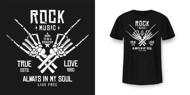 Rock music t-shirt graphic design with skeleton. Rock music slogan for t-shirt print and poster. Skeleton hands with grunge texture in vintage and hipster style Rock music t-shirt graphic design with skeleton. Rock music slogan for t-shirt print and poster. Skeleton hands with grunge texture in vintage and hipster style. Vector skull patterns stock illustrations