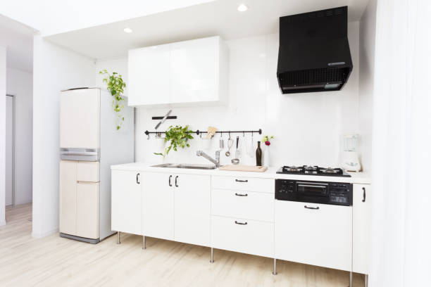 Modern kitchen white room interior. stock photo