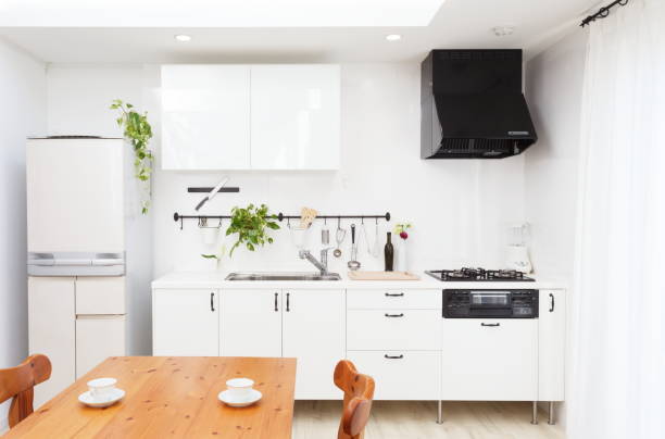Modern kitchen white room interior. stock photo