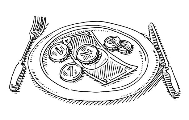 umieszczanie pieniędzy na rysunku płyty - fork place setting silverware plate stock illustrations