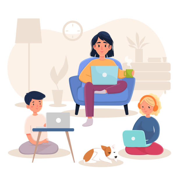 Family working at Home Mother and children working at home happy family stock illustrations