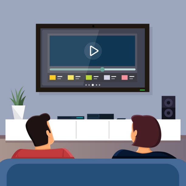 ilustrações de stock, clip art, desenhos animados e ícones de watching tv together - apartment television family couple