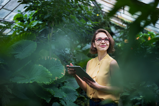 Young woman with tablet standing in greenhouse in botanical garden. Copy space.