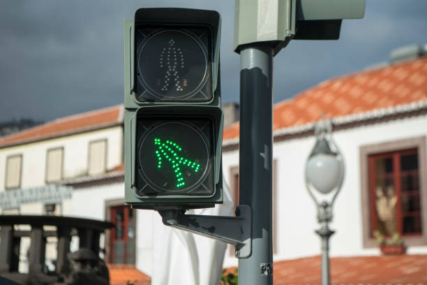a cross walk in the city centre of Funchal on the Island Madeira of Portugal.   Portugal, Madeira, April 2018