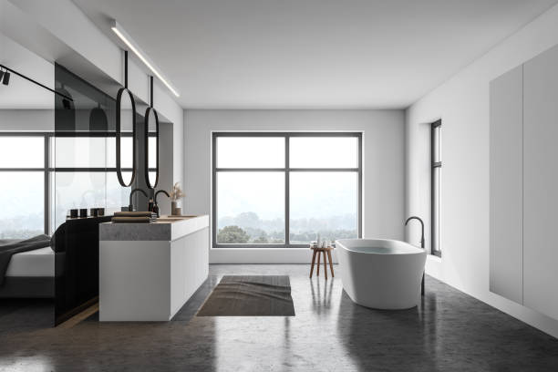 istock White bathroom and bedroom interior 1216959397