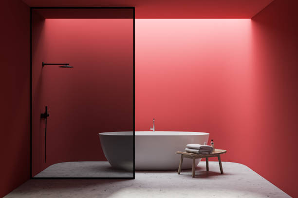 istock Red bathroom with tub and shower 1216959536