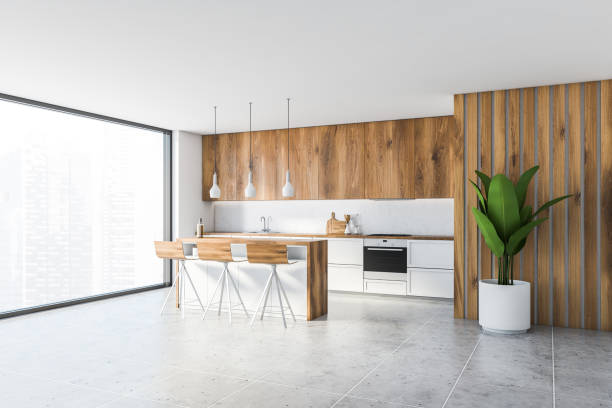 istock White and wooden kitchen corner with bar 1216959604