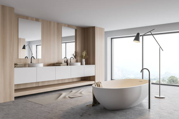 istock Panoramic white and wooden bathroom corner 1216959834