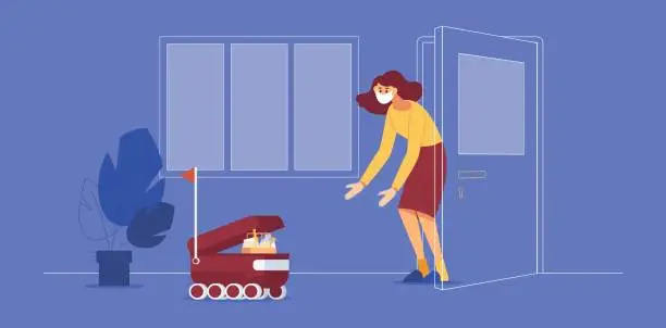 Vector illustration of Robots deliver food for people with close contacts with coronavirus patients. Contactless delivery, scene with woman and open door