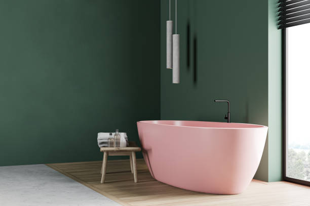 istock Green bathroom corner with pink tub 1216961236