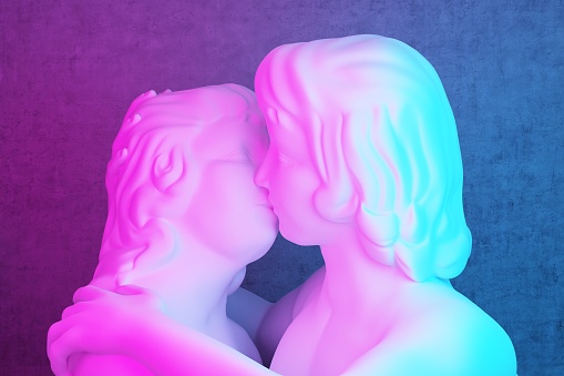 sculpture of a kissing couple in pink-blue lighting close up. 3d rendering