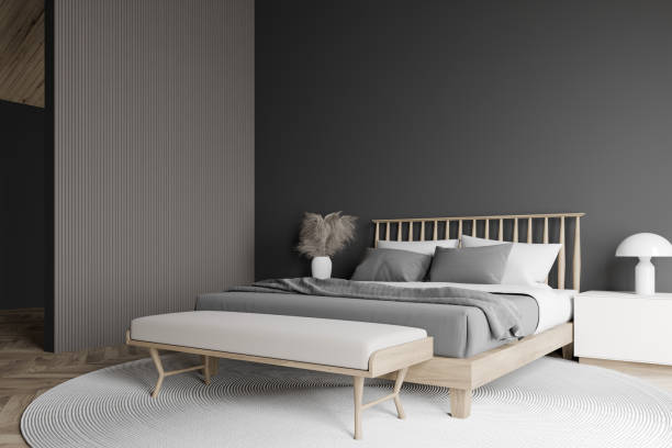 istock Stylish gray master bedroom interior 1216962225