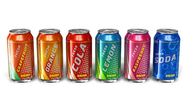 Photo of Set of refreshing soda drinks in metal cans