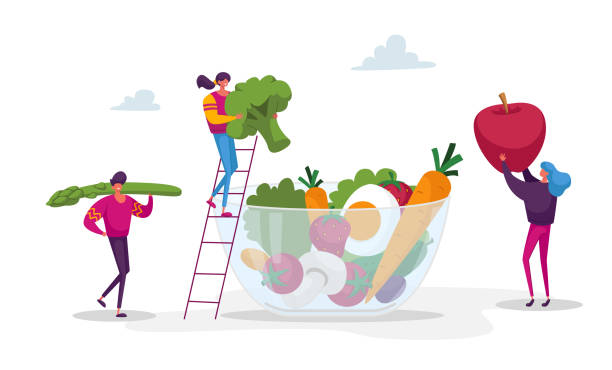 stockillustraties, clipart, cartoons en iconen met jonge mensen karakters zetten enorme groenten, bessen en fruit in glazen kom. gezonde vegan food choice, vitaminen in producten, biologisch groen, groenten en fruit. cartoon vector illustratie - eten en drinken