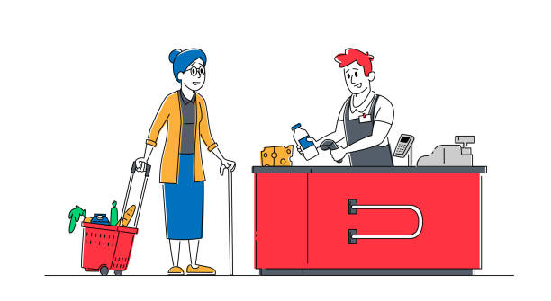 senior female customer character with goods in shopping basket stand in supermarket oder grocery at cashier desk with seller paying for purchases, sale, consumerism. lineare menschen vektor illustration - adult variation boutique occupation stock-grafiken, -clipart, -cartoons und -symbole