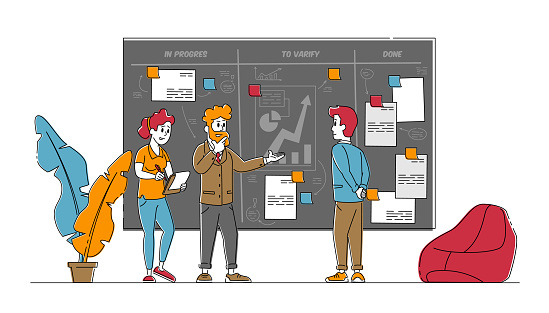 Teamwork on Project Using Agile Development Technology. Business People Characters Discussing with Colleague Strategic Planning of Business Processes at Scrum Task Board. Linear Vector Illustration