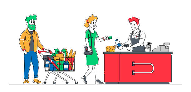 Shopping Queue in Supermarket Concept. Customer Characters with Goods in Trolleys and Cart Stand at Cashier Desk Paying for Purchases Credit Cards. Sale, Consumerism. Linear People Vector Illustration Shopping Queue in Supermarket Concept. Customer Characters with Goods in Trolleys and Cart Stand at Cashier Desk Paying for Purchases Credit Cards. Sale, Consumerism. Linear People Vector Illustration grocery store cashier stock illustrations