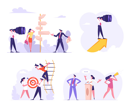 Set of Business People Choosing Way at Road Sign, Looking in Binoculars. Male and Female Characters Speaking at Tribune, Climbing Ladder and Holding Target with Arrow. Cartoon Vector Illustration