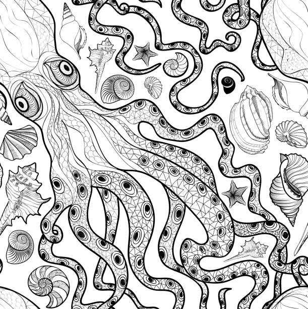 illustrations, cliparts, dessins animés et icônes de octopus, coudage sans couture. fond de vie marine - starfish woodcut backgrounds vector