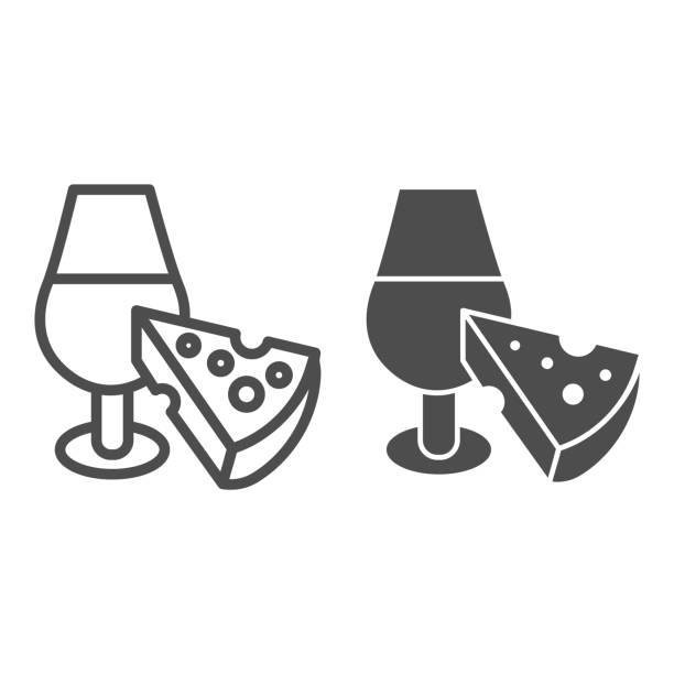 ilustraciones, imágenes clip art, dibujos animados e iconos de stock de copa de vino y línea de queso e icono sólido. degustación de vino con pictograma de estilo de contorno de aperitivo sobre fondo blanco. señales de cata de vinos o aperitivos para el concepto móvil y el diseño web. gráficos vectoriales. - red wine illustrations