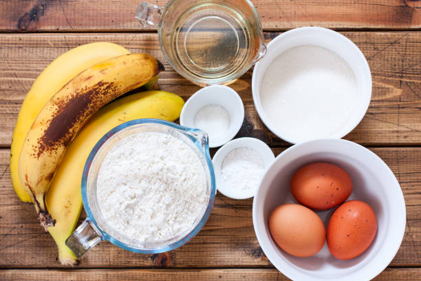 istock Step by step preparation of banana bread, step 1 - preparation of ingredients, top view, selective focus 1216968253