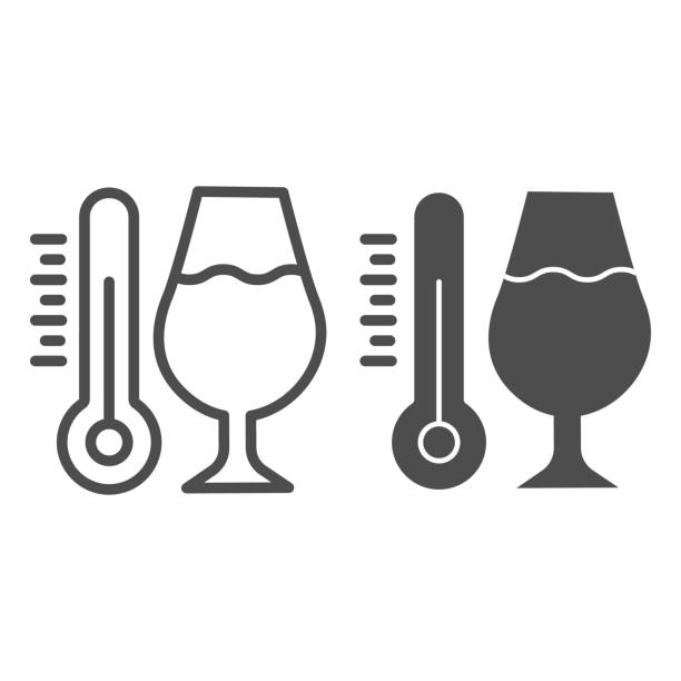 ilustrações, clipart, desenhos animados e ícones de termômetro e linha de vidro de vinho e ícone sólido. bebida alcoólica em copo de vinho com pictograma estilo contorno termômetro no fundo branco. sinal de vinícola para conceito móvel e web design. gráficos vetoriais. - champagne flute wine isolated wineglass