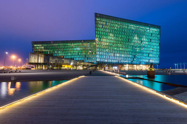 Harpa Concert Hall illuminated at night in Reykjavik, Iceland