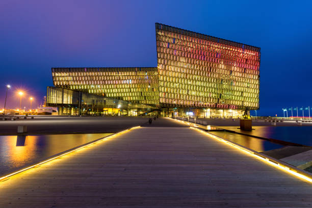 Harpa Concert Hall illuminated at night in Reykjavik, Iceland