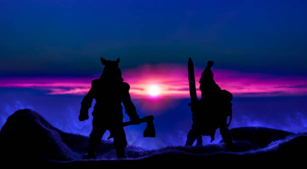 fantasy battle ancient barbarian warrior with sword and ax black silhouette in abstract mystic dramatic outdoor environment of mountain top hills in smoke and vivid pink sunset lighting on horizon