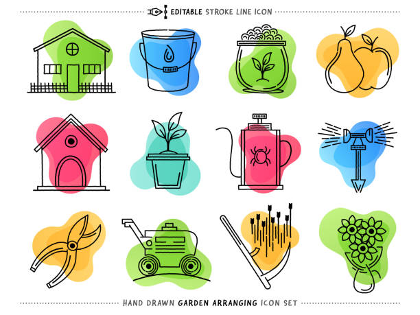 Garden Arranging Line Vector Icons Set Creative and attractive sketch line icons set of garden arranging. Would be perfect vector illustration for those looking to design mobile applications, web pages, stationery, cards and more. perfect pear stock illustrations