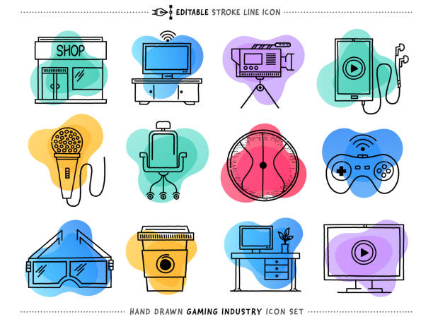 ilustrações de stock, clip art, desenhos animados e ícones de gaming industry line vector icons set - video game pc sign portable information device