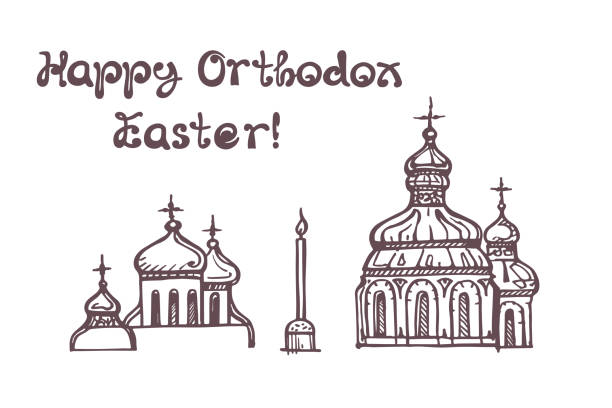 Set of hand drawn churches with handwritten text Set of Easter hand drawn churches with handwritten text. Inscription - Happy Orthodox Easter. Suitable for print and web orthodox church easter stock illustrations