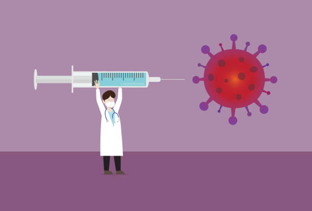 의사는 바이러스에 싸우는 주사기를 보유하고 - 바이러스 배출 stock illustrations