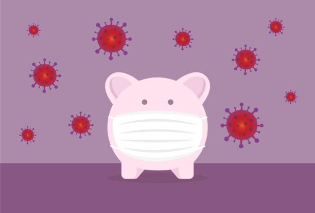 돼지 저금통은 바이러스로부터 보호하기 위해 마스크를 착용 - 바이러스 배출 stock illustrations