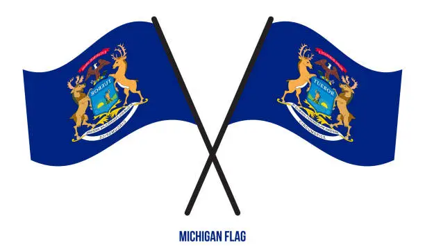 Vector illustration of Two Crossed Waving Michigan Flag On Isolated White Background.