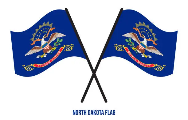 Vector illustration of Two Crossed Waving North Dakota Flag On Isolated White Background.