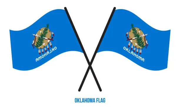 Vector illustration of Two Crossed Waving Oklahoma Flag On Isolated White Background.