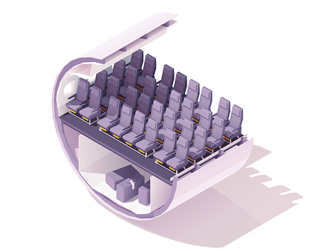 Vector isometric economy class airplane seats. Passenger airplane cabin or salon cross section. Economy class airline seats and cargo hold with baggage