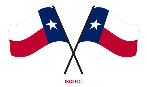 Vector illustration of Two Crossed Waving Texas Flag On Isolated White Background.